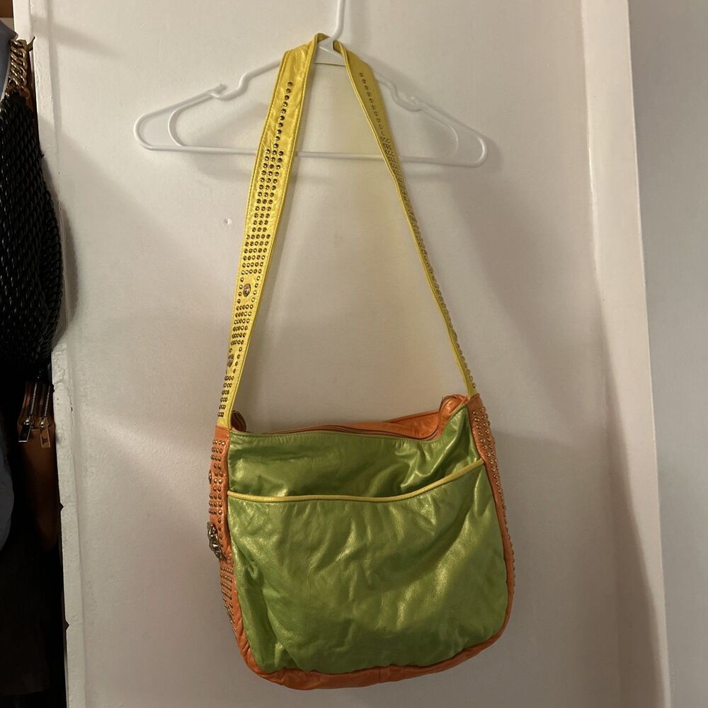 VTG Lime Orange Yellow Studded Kidcore lion head Gold Tone accent Shoulder Bag